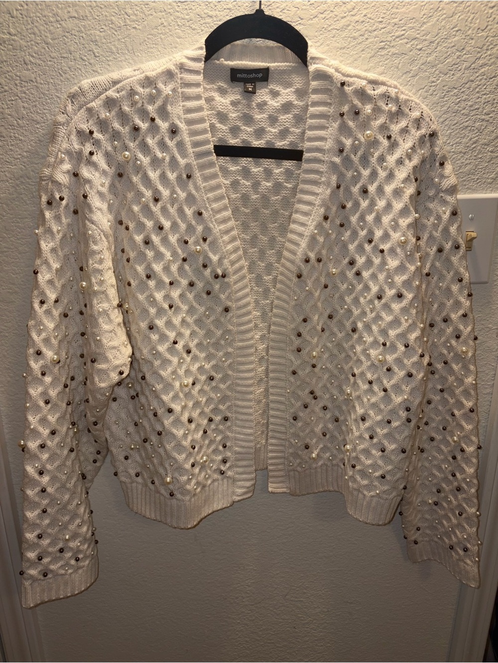 mittoshop Cream Knit Cardigan with Pearl & Gold Bead Accents